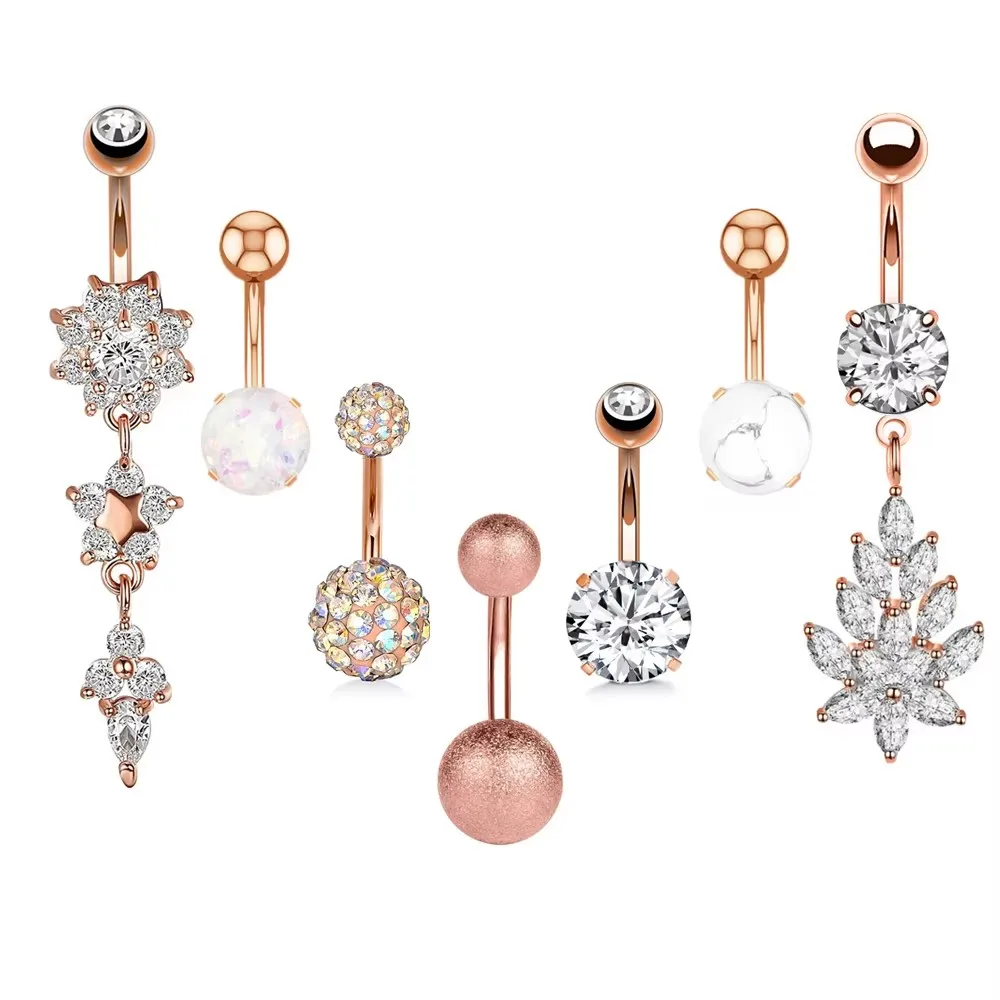 Gemischte Bauchnabelpiercing-Sets aus Edelstahl mit Blumen- und Schmetterlingsmotiven, gebogene Bauchnabelringe, 7 Stück/Set, Herz-Bauchnabelring-Packung – Detail 4