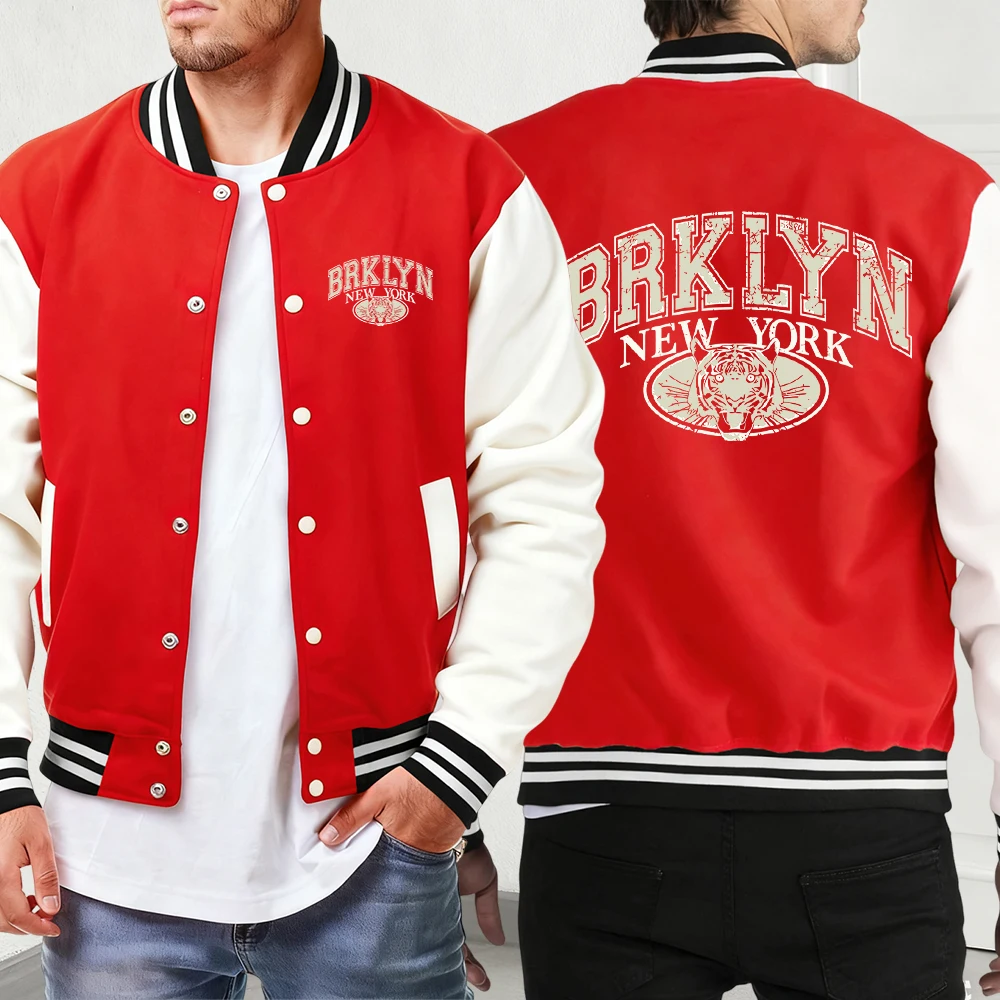 

Brklyn New York Letter With Tiger Print Sportswear Man Autumn Loose Jacket Fashion Street Baseball Uniform Soft Pocket Menswear
