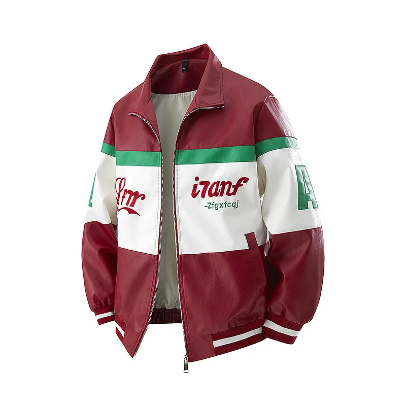 Autumn Man Leather Jacket Motorcycle Punk Contrast Color Male Outerwear High Street Turn Down Collar Long Sleeve Men Coat