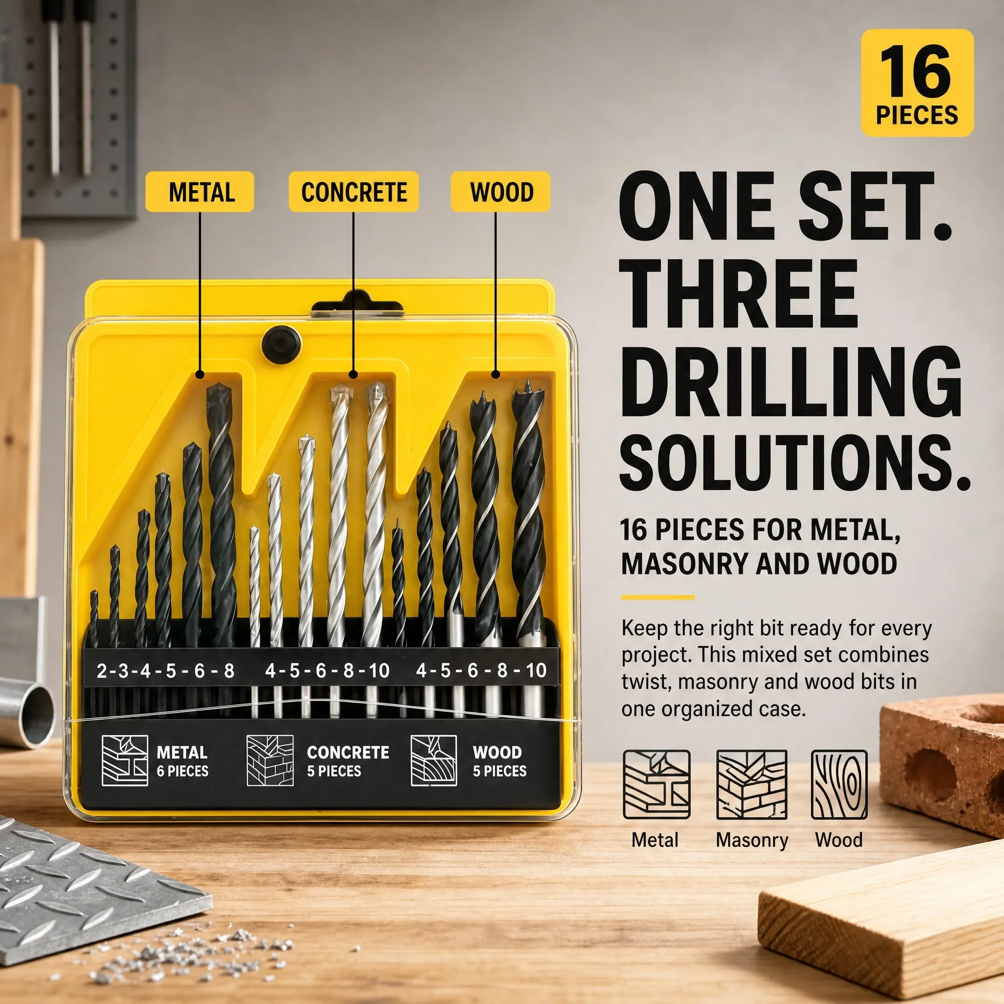 16PCS Mixed Drill Bit Set High Speed Steel Twist Bits for Wood Metal Brick Cement DIY Drilling Hand Tools Kit