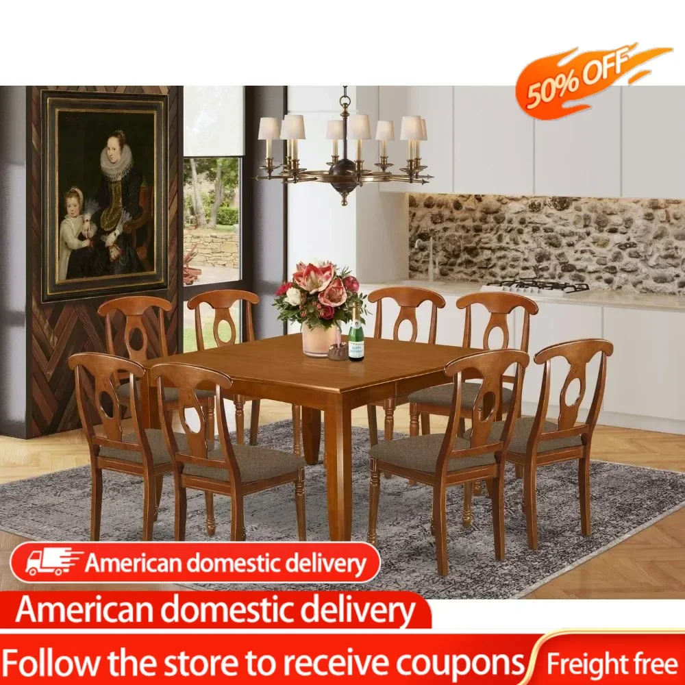 9 Piece Kitchen Table & Chairs Set Includes a Square Dining Table with Butterfly Leaf and 8 Linen Fabric Dining Room Chairs