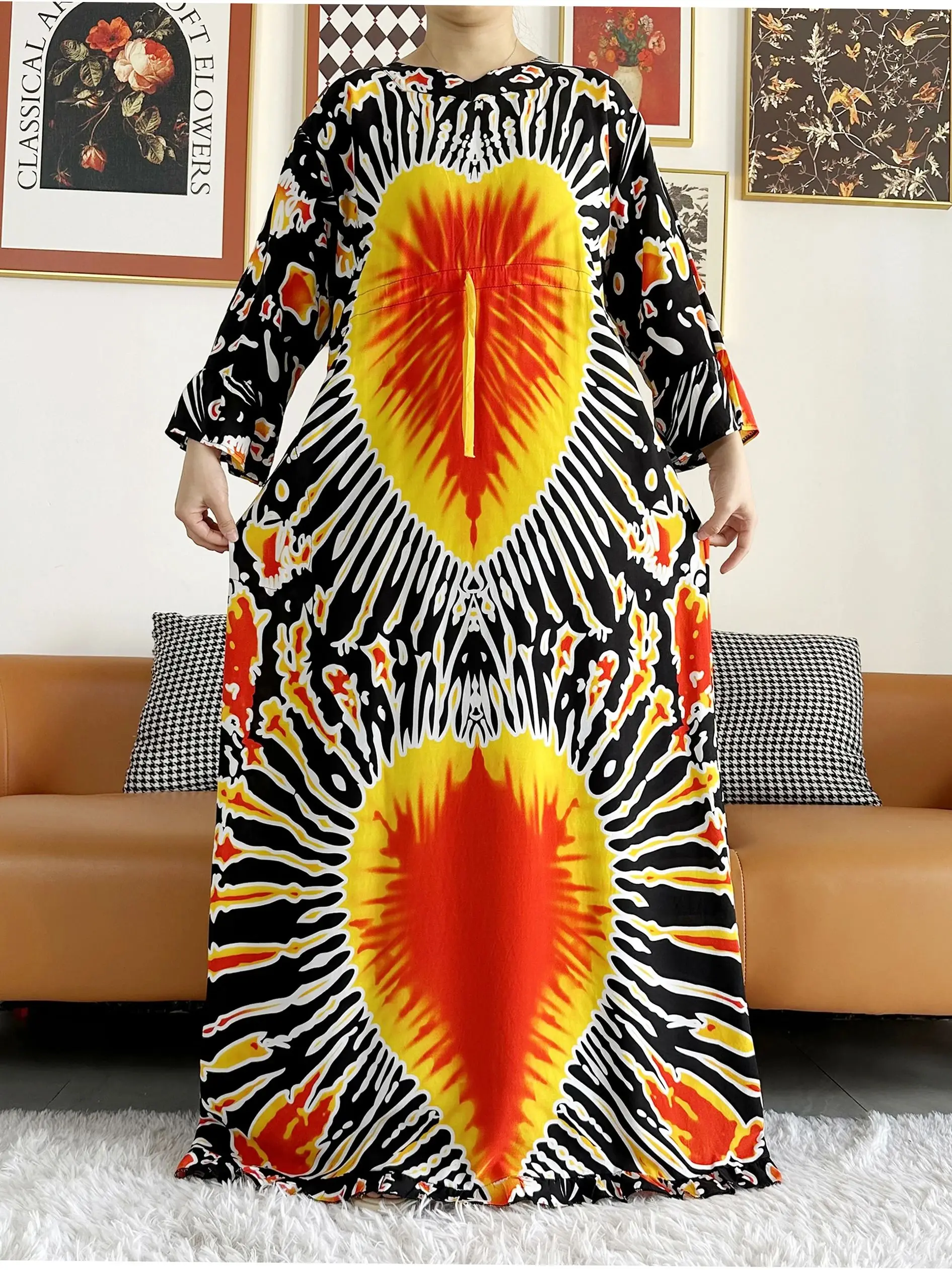 2024 Muslim Long Sleeve Tie-dyed Dashiki Cotton Floral Dress Printing Loose Caftan Dress Islamic Clothing Casual Vestido