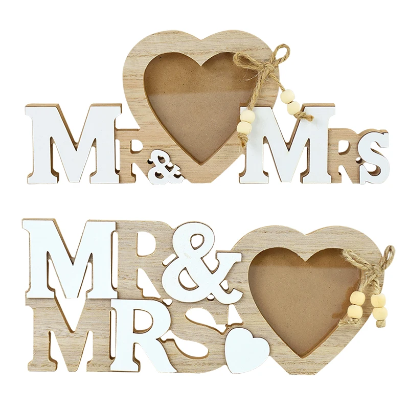 

Mr & Mrs Love Heart Photo Frame Wedding Wooden Display Stand Rustic Wedding Engagement Home Table Decoration Valentine Day Gifts