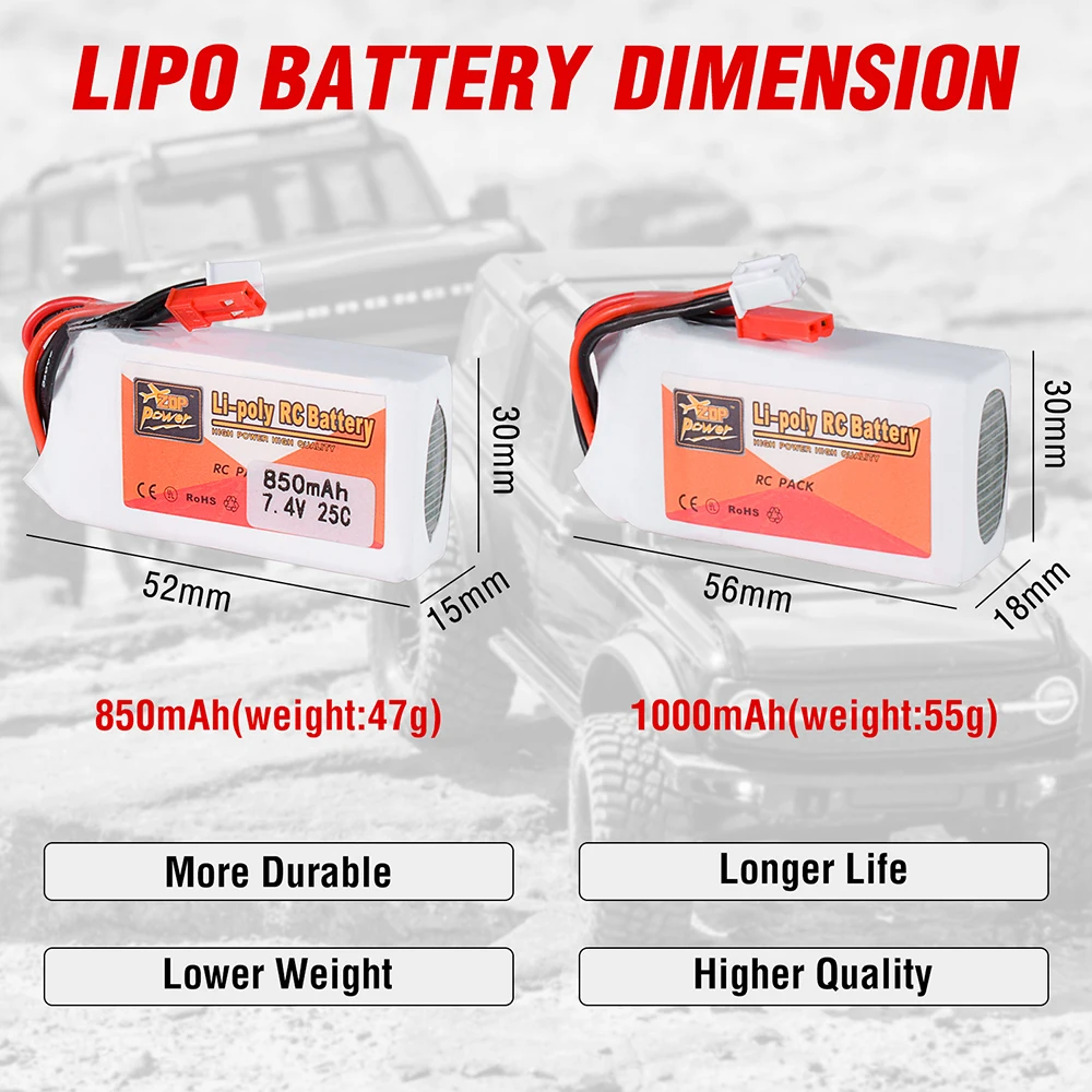 ZOP Power 7.4V bateria Lipo 25C 850/1000mAh Lipos z JST do samochodu TRX4M RC