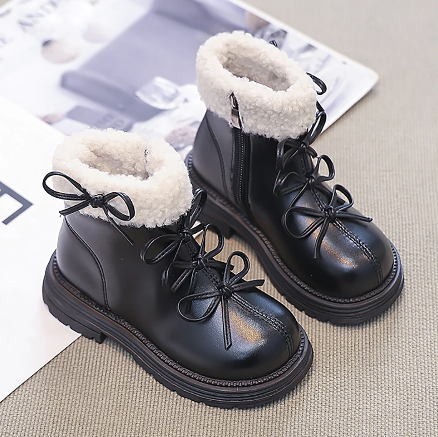 Zimowe buty z imitacji futra dla dziewcząt, wodoodporne botki dla nastolatek ze skóry PU, antypoślizgowe, grube, ciepłe buty bawełniane dla dzieci.