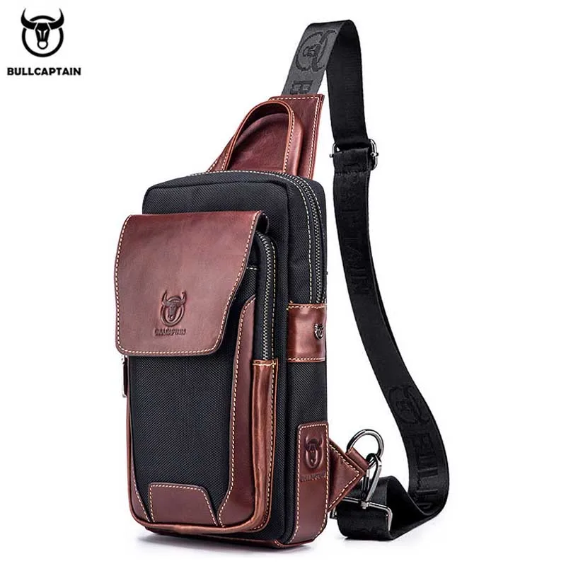 BULLCAPTAIN Men Chest Bag Head Layer Cowhide Men's Bag Casual Fashion Chest Belt Bag Popular Styles Business Shoulder Bag