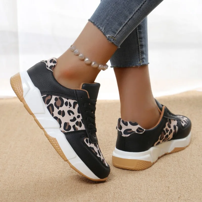 Women Platform Sneakers 2024 New Round Toe Low-top Leopard Wedge Shoes for Women Lace Up Casual Sneakers Zapatos De Mujer