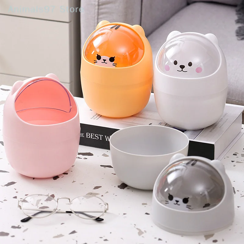 Cute Cartoon Storage Bin With Lid Wastebasket Desktop Garbage Storage Bucket Mini Brushes Makeup Bin For Home