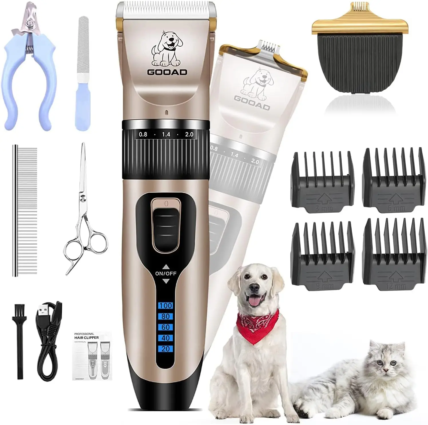 

Low Noise Dog Clippers for Heavy Coats, Cordless Pet Trimmer with Paw Blade, 250 Min Runtime