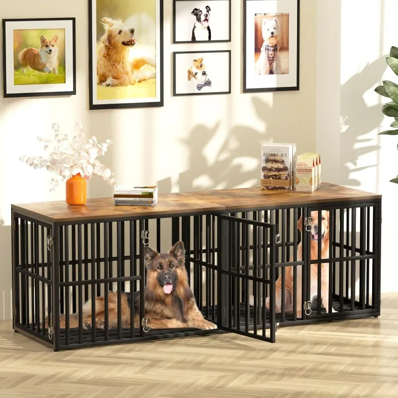 Dog Crate Furniture for 2 Dogs, 76” Wooden Dog Kennel with Divider, XXL Double Dog Crate Furniture Large Breed with 4 Doors