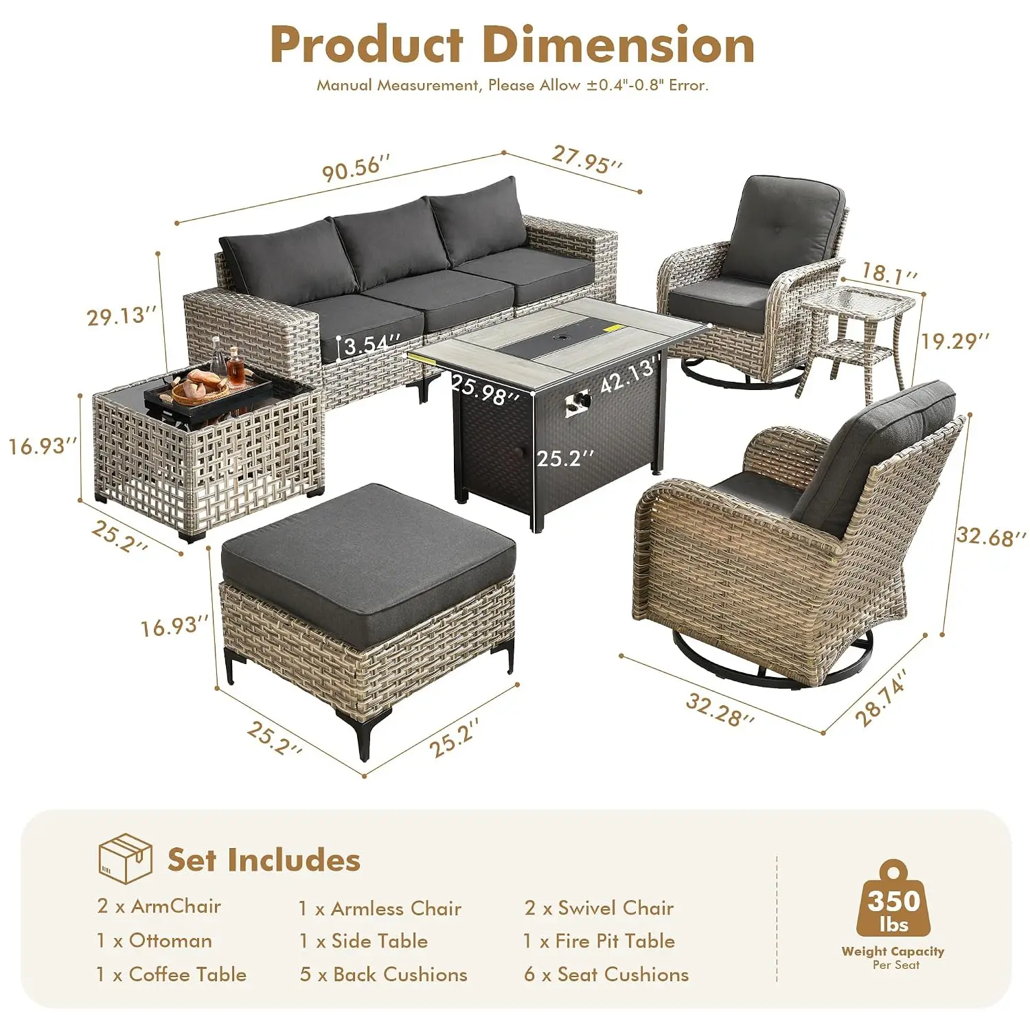 Outdoor Wicker Patio Furniture Set 9-Piece With Fire Pit Table 2 Rocking Chairs Sectional Sofa For Backyard Poolside, Customized
