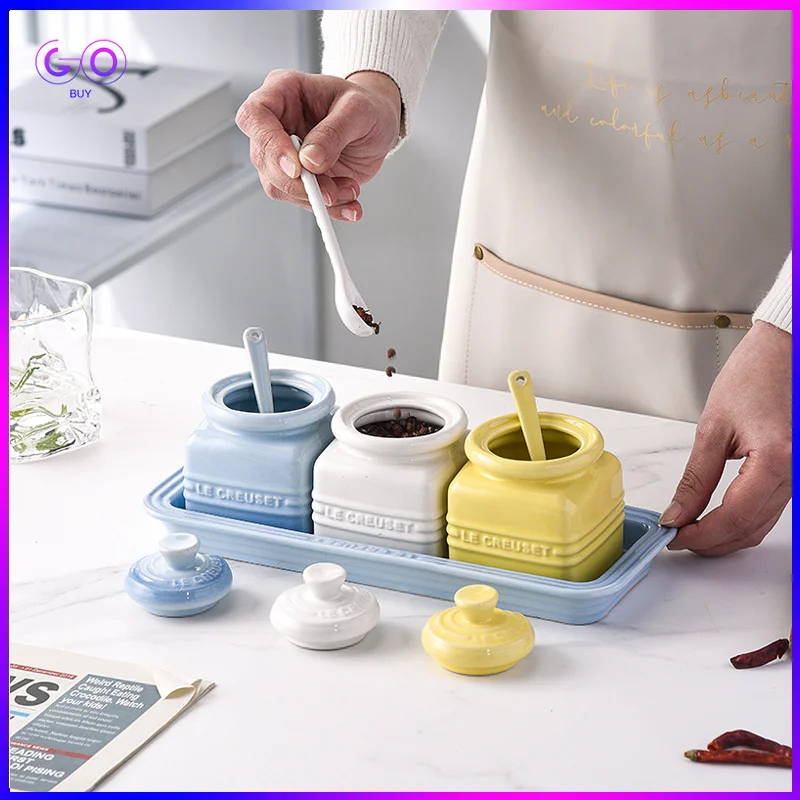 

Three-Piece Macaron Set With Cover Ceramic Seasoning Jar Storage Salt Shaker Seasoning Tissue Kitchen Accessories Gift Box