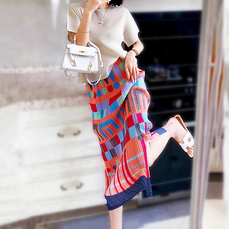 

Fashion Summer Kawaii Casual Women's Skirt High Waist Vintage Colorful Printed Skirts For Women Elastic Woman Clothes SL050