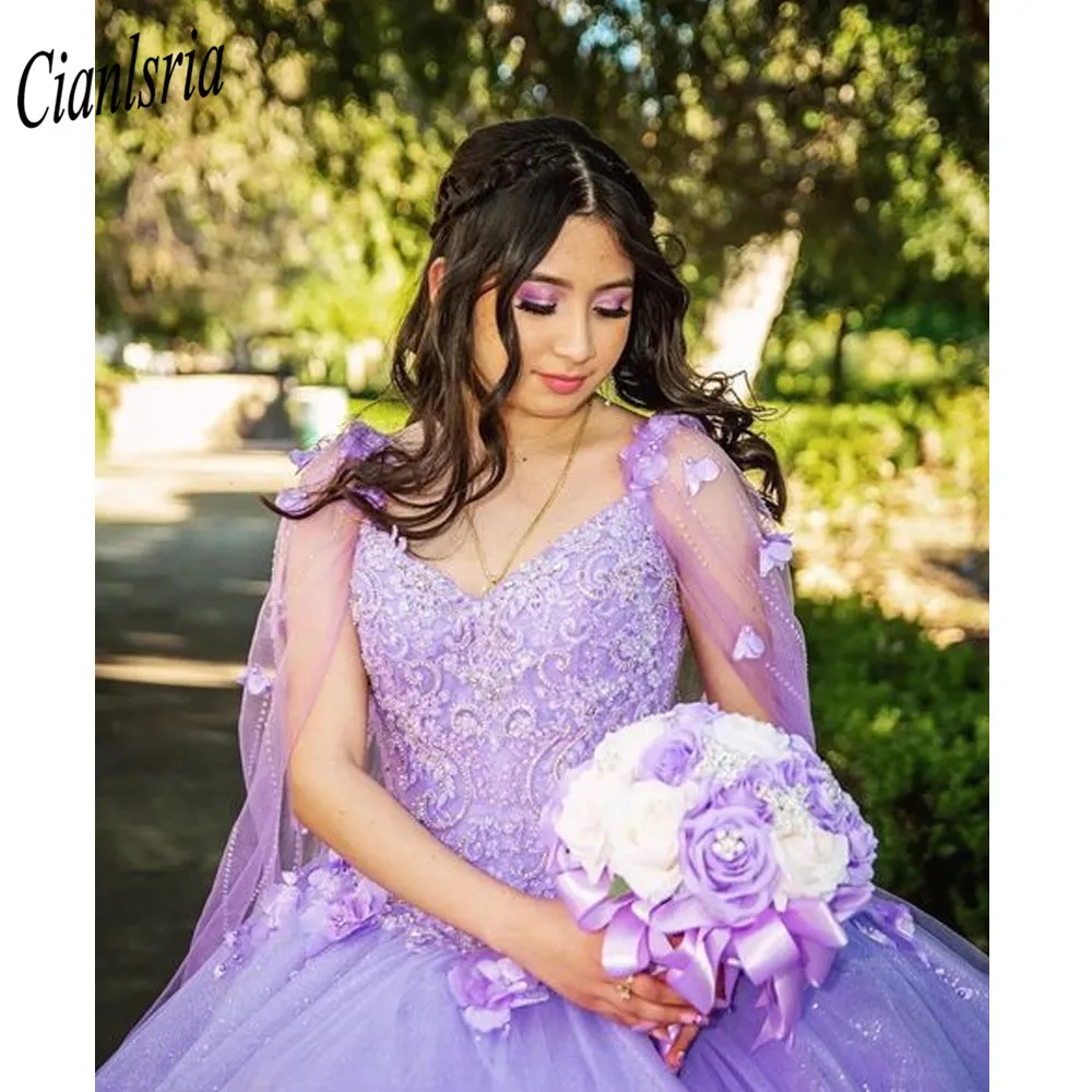 Gaun Bola Appliques Gaun Quinceanera Berenda Lavender Ungu Korset Punggung Vestido 15 Gaun Pesta Wisuda Pertunangan