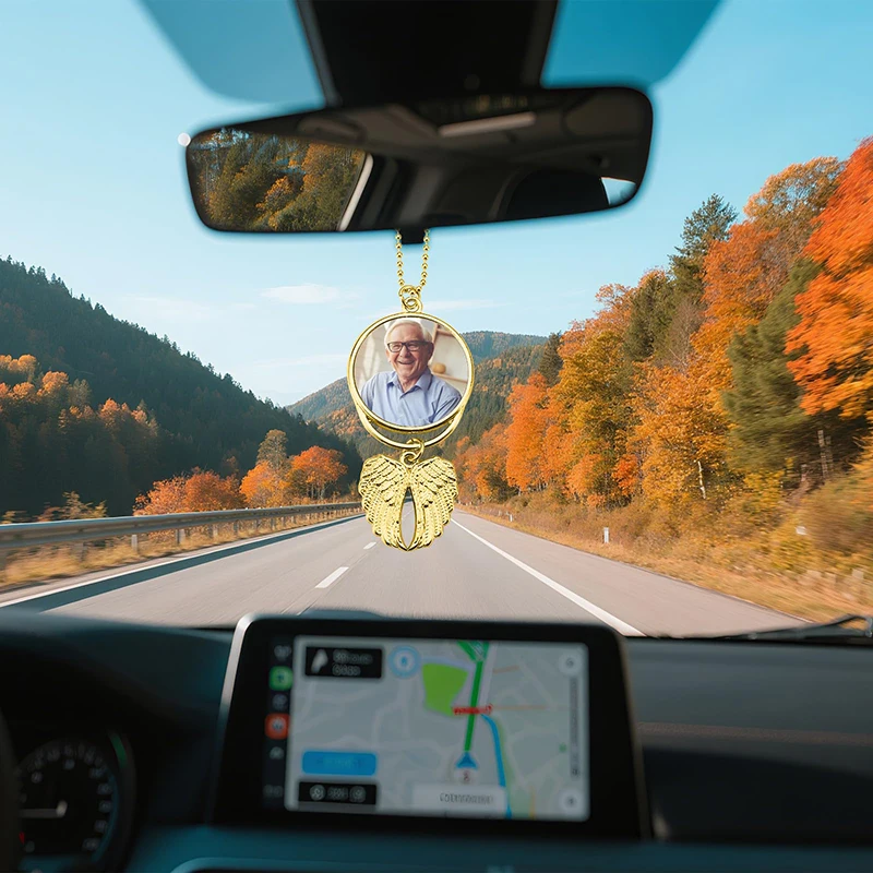 Custom Photo Car Rearview Mirror Pendant with Angel Wings Personalized Charm for Women Hanging Ornament Picture Gift for Lover
