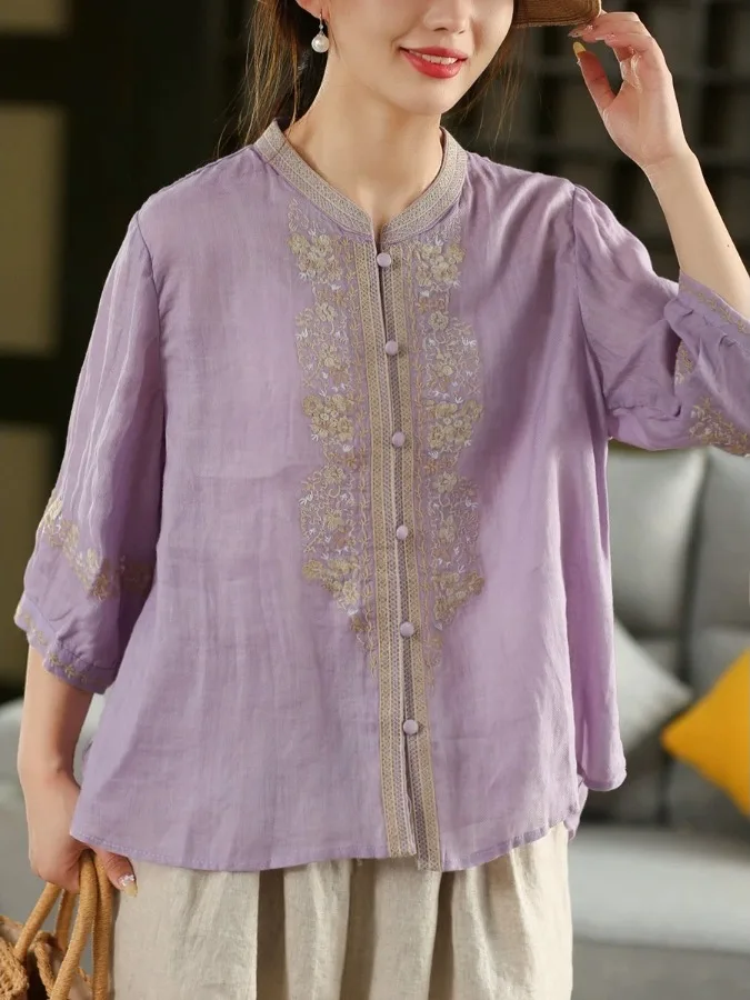 

Ретро-рубашка женская из хлопка и льна с богатой вышивкой, летняя, свободного кроя, стройнящая, тонкая, высокого качества, модная повседневная блузка