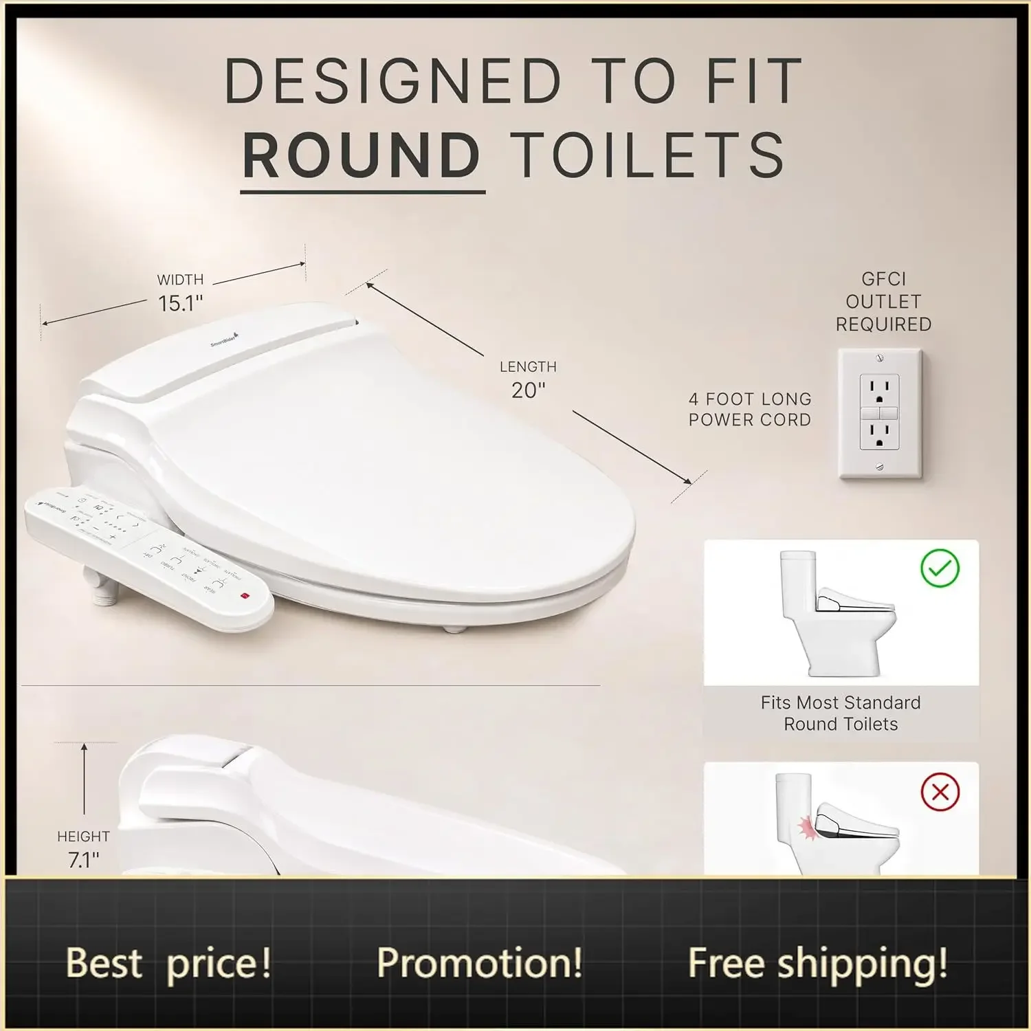 Brand new fast shippingBestseller® SB-2000 Smart Bidet Electric Bidet Toilet Seat with Heated Seat, Warm Water, Air Dryer - Side