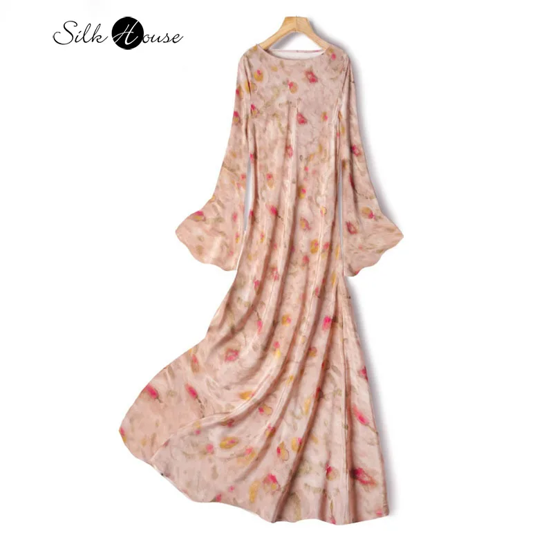 

100% Natural Mulberry Silk Crepe De Chine Pink Rose Print Diagonal Cut Micro Flared Long Sleeved Women's Casual Dress