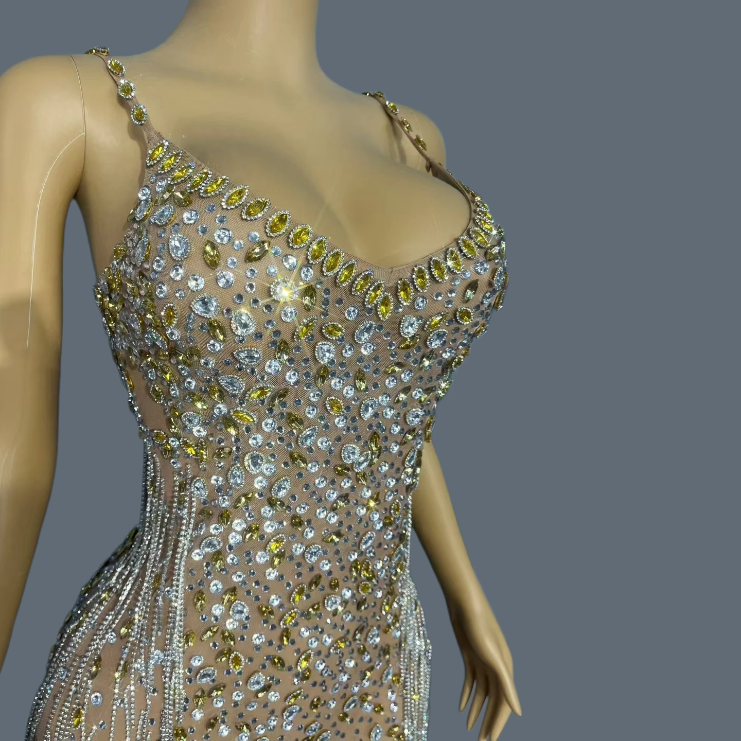 

Sparkly Rhinestone Tassel Sheer Mesh Evening Gown Sexy Women Birthday Party Luxury Dress Elegant Event Formal Prom Outfit Xingqi