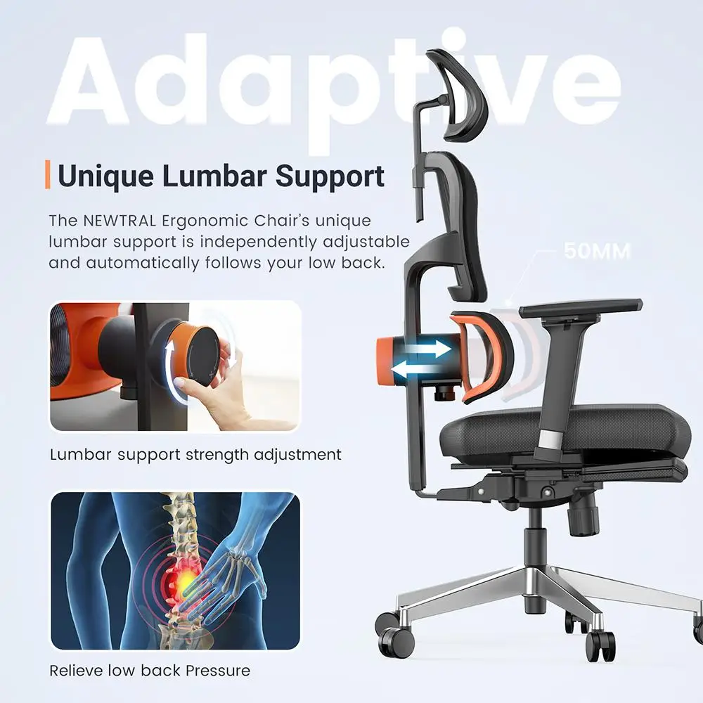 NEWTRAL NT002 Ergonomic Chair Adaptive Lower Back Support with Footrest 4 Recline Angle Adjustable Backrest Armrest Headrest