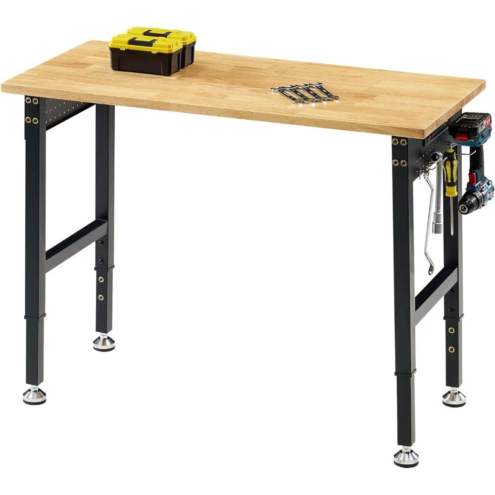 منضدة عمل قابلة للتعديل مقاس 44 × 20 مع منافذ طاقة، منضدة عمل خشبية شديدة التحمل بقوة 2000 رطل مع خطافات، سطح من الخشب المطاطي الصلب #1