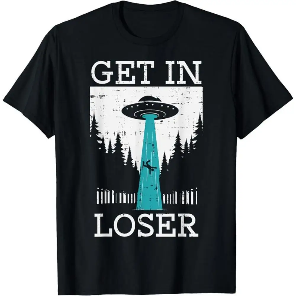 

Funny Alien T-Shirt Men Women Get In Loser UFO Abduction Tee Sci-Fi Humor Graphic Print Vintage Washed Summer Top Unique Gift
