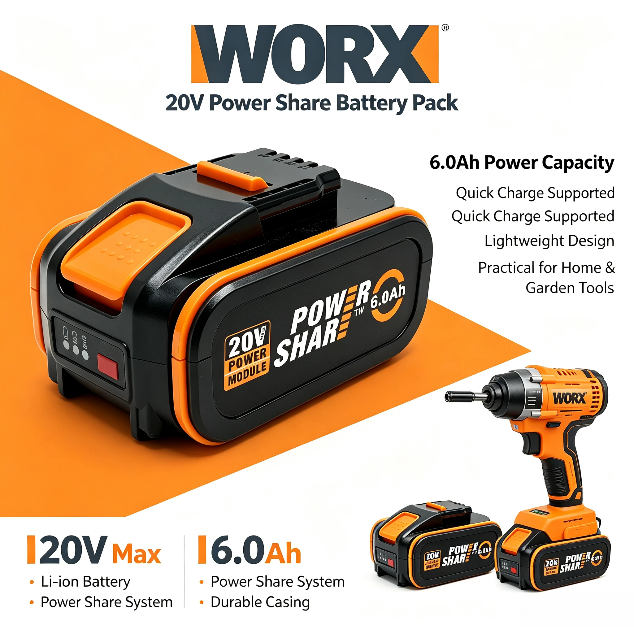 WORX WA3551 20V 6.0Ah 4Pin Lithium Battery Replacement for WORX 20V Powershare Cordless Drill Saw Garden Tools Li-ion Battery