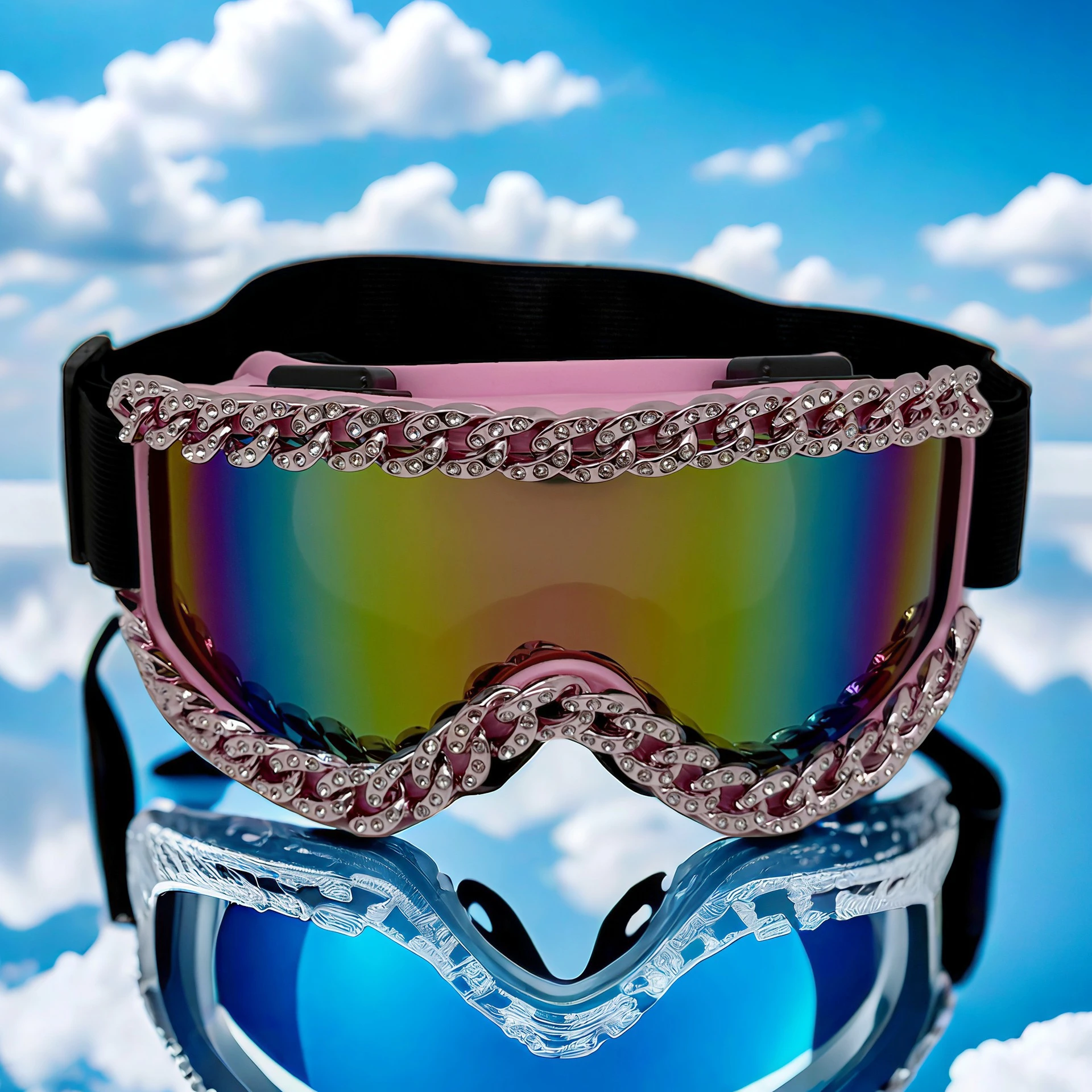 Women Ski Goggles with Luxury Rhinestone Chain Dec Anti Sand Dustproof Riding Glasses Large Frame Sponge Silicone Ski Goggle