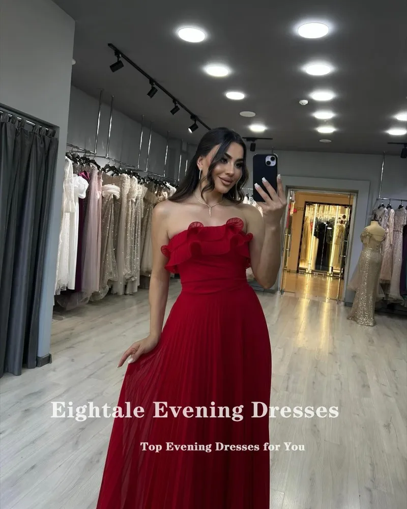 Eightale アラビア語イブニングドレス ストラップレス カスタマイズプリーツ Aライン レッドシフォン セレブリティ プロム ウェディングパーティードレス