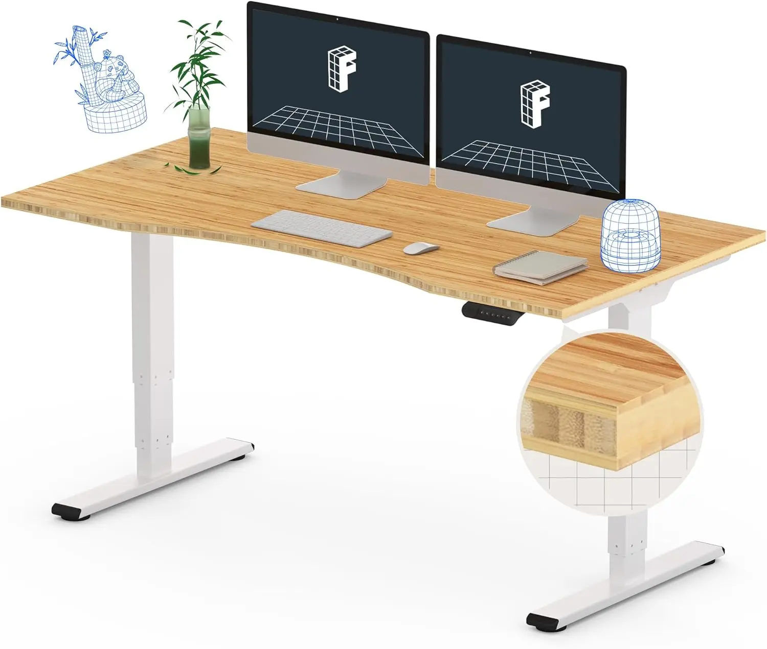 FLEXISPOT Pro Bamboo 3 Stages Dual Motor Electric Standing Desk 55x28 Inch Bamboo Contour Whole-Piece Board Height Adjustable De