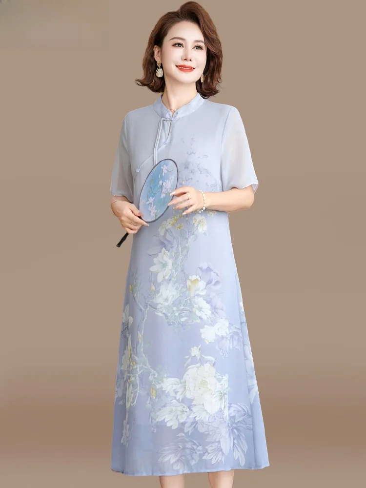 

Новое китайское платье-ципао миди 2025 года, летнее, модное, из шифона, для женщин среднего и старшего возраста