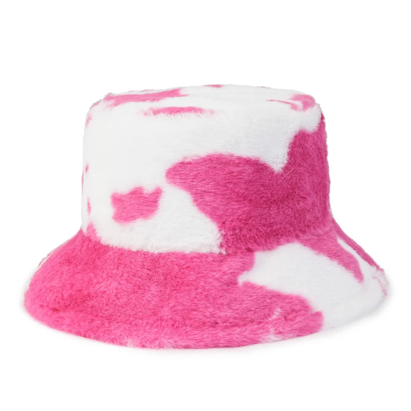 2022 Winter Warm Faux Fur Fluffy Cow Print Bucket Hats Women Outdoor Ski Hat Soft Velvet Furry Fisherman Cap Girl Fashion Panama