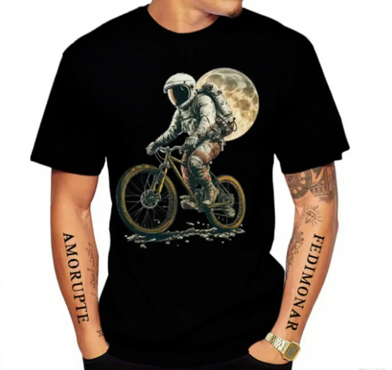 

Cotton Astronaut Graphic T - Shirt Astronaut Biking Under Full Moon Print Cool Space - Inspired Casual Top New Arrival Tee S-4XL