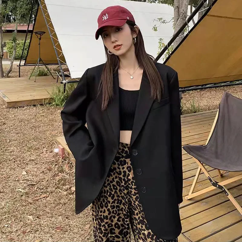 

Women's Gray Oversized Blazer with Notched Lapels Casual Single-Breasted Suit Jacket