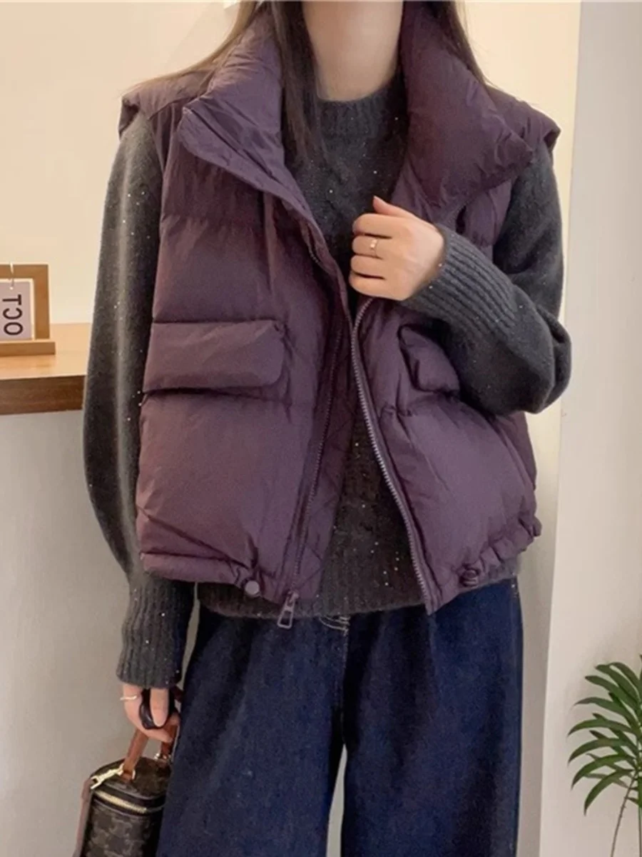 

Thickened Short down Jacket White Duck Feather Vest Women's Winter Outerwear Shoulder Pad Purple Red Stand Collar Vest