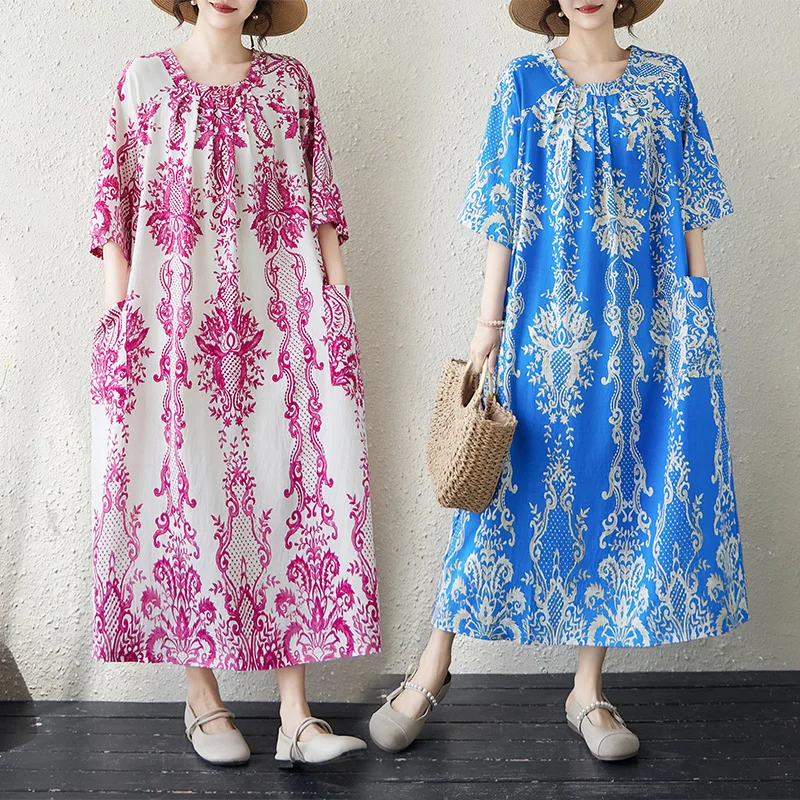 

Comfortable Large Size Printed Dress Square Collar Summer New Style Retro Ethnic Style Vacation Dress Loose Fit Citywalk Dress