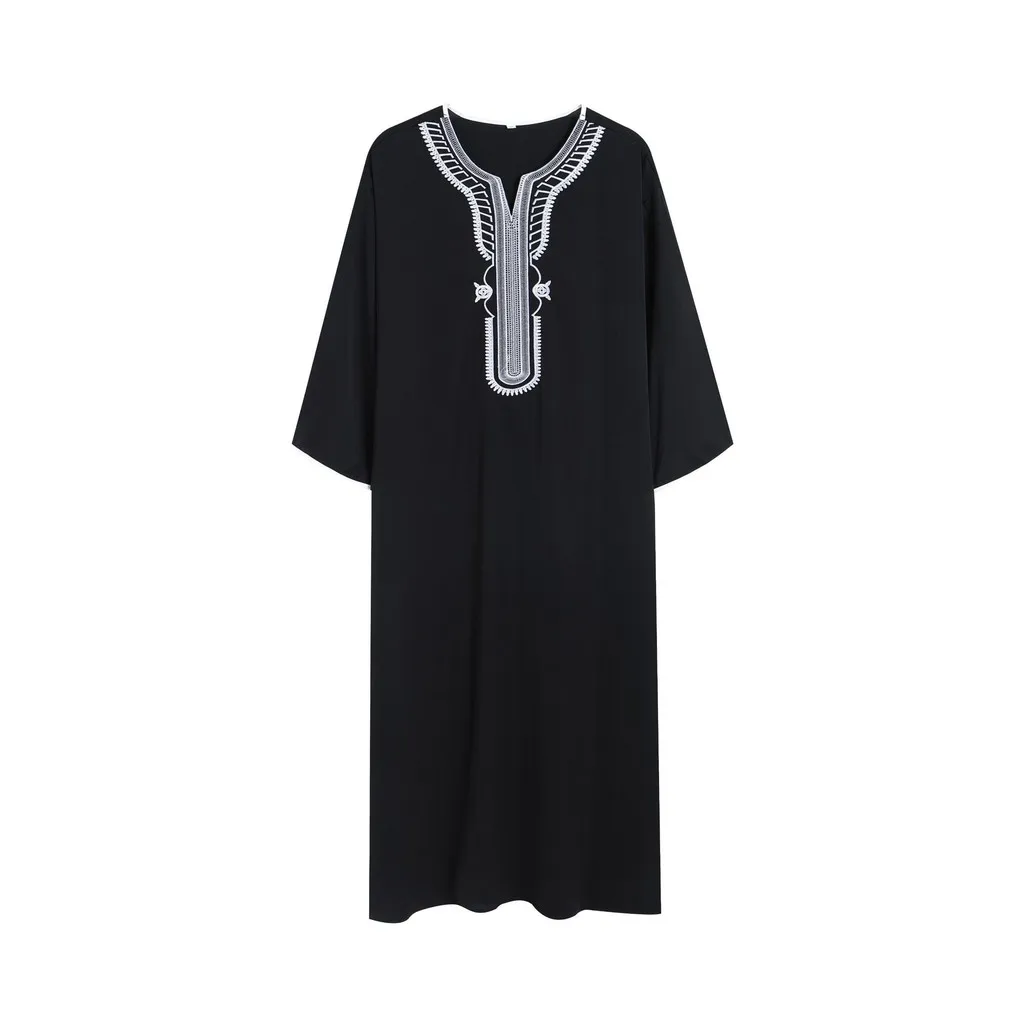 Men Embroidered red white Jubah Short Sleeve Moroccan Loose Ethnic Style Arab Robe