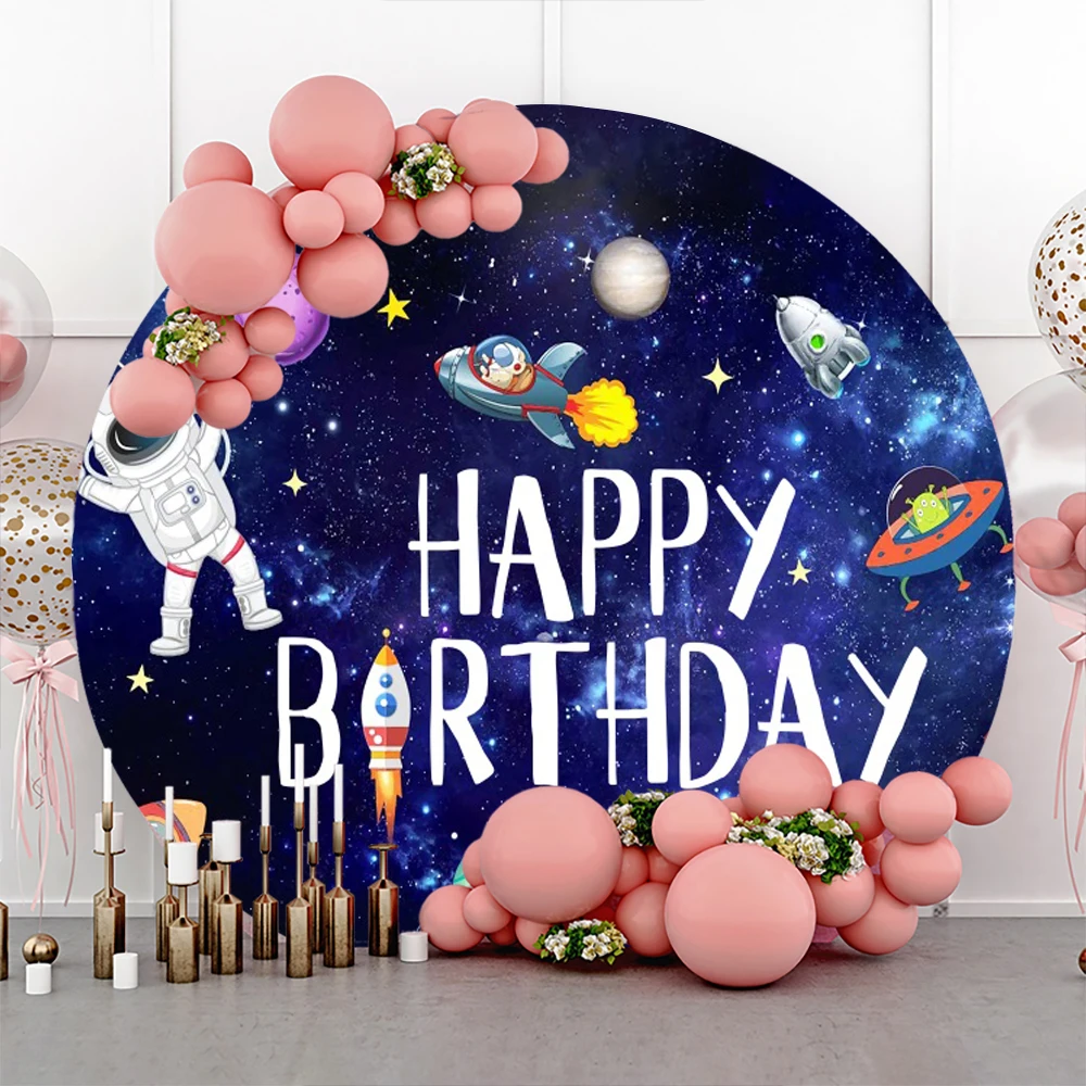 Outer Space Universe Planet Round Backdrop Cover Starry Sky Galaxy Moon Astronaut Rocket Baby Kids Birthday Circle Background
