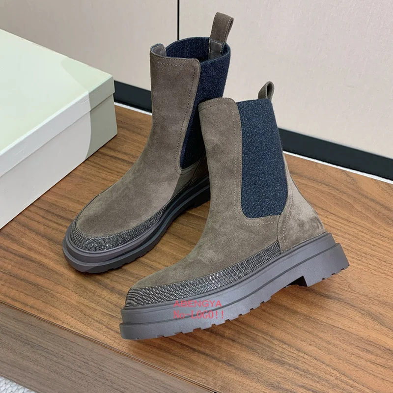 Sepatu Bot Wanita Musim Dingin Diskon Besar, Model Setengah Betis, Ujung Tebal, Kulit, Platform, Sepatu Bot Pendek, Desainer, Kasual, Model Chelsea