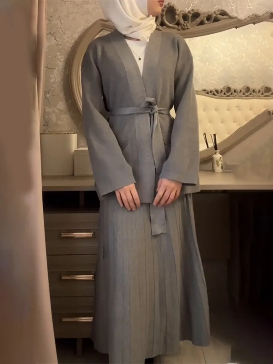 Women Two Piece Set Muslim Autumn Knit Lace-shirt Shirt Skirt Suits Ramadan Morocco Dubai Abayas Islam Outfits Jalabiya Ensemble