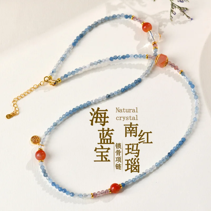 

Natural Navy Blue Sapphire South Red Agate Clavicle S925 Silver Women'S Necklace