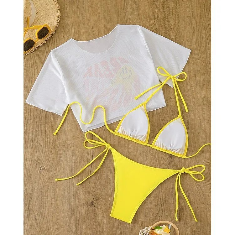 Sexy Dreieck Push Up Bikini 3-teiliger Badeanzug mit kurzen Ärmeln Mesh Cover Up Sommer Side String Badeanzüge Mesh Beach Wear