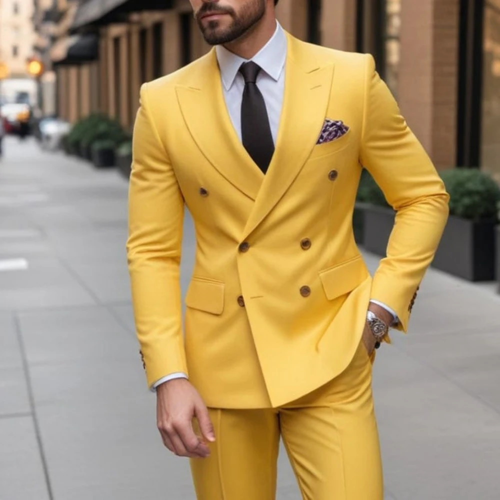 Yellow Double Breasted Peak Lapel Skinny Suits for Men 2024 Prom Party Regular Length Flat Front 2 Piece Jacket Pants Outfits