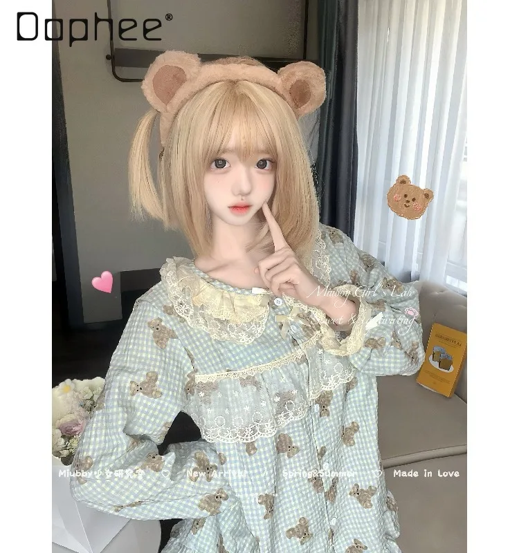 Japanese Sweet Cute Girl Cartoon Printed Pajamas Set Plaid Lace Loose Long-sleeved Trousers Two-piece Set Women's Loungewear
