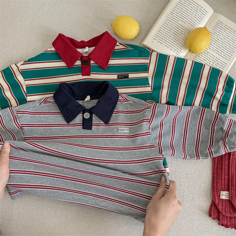 2026 New Spring Baby Boys Striped Polo Shirts Long Sleeve Tops Korean Style Toddlers Kids Casual T-shirts 4