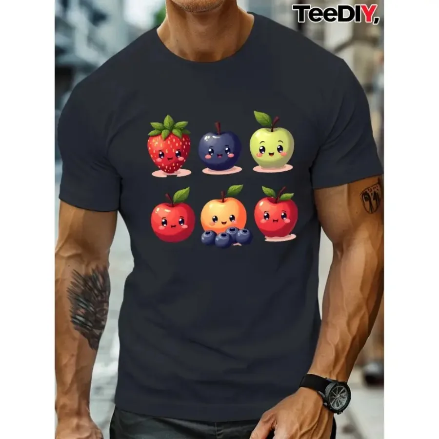 【Nuevo estilo】Camiseta de talla grande para hombre con estampado de frutas de anime japonés Kawaii: linda camiseta con estampado de fresa, cereza, limón, arándano y uva.