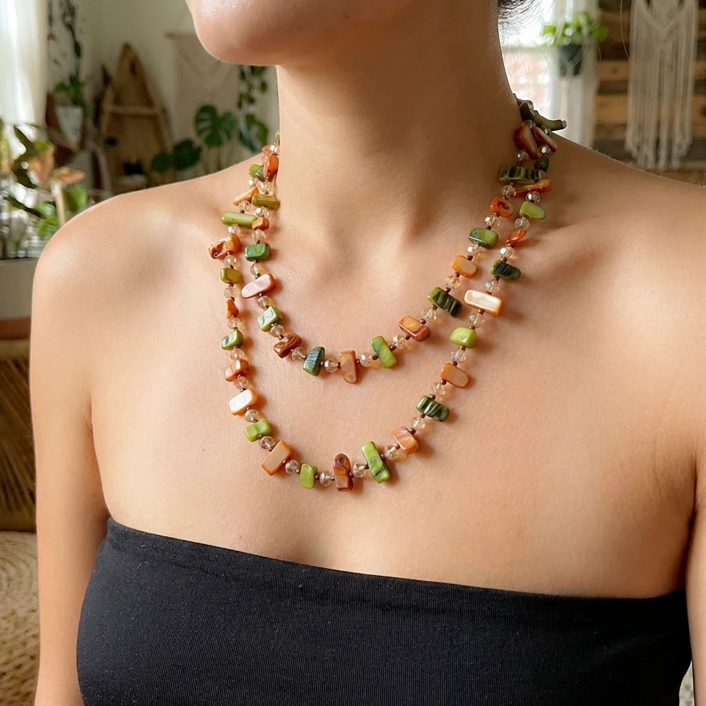 Vintage Böhmische Bunte Muschel Lange Doppelschichtige Halskette für Frauen Statement Mehrlagige Halskette Strand Urlaub Schmuck Geschenke – Detail 1