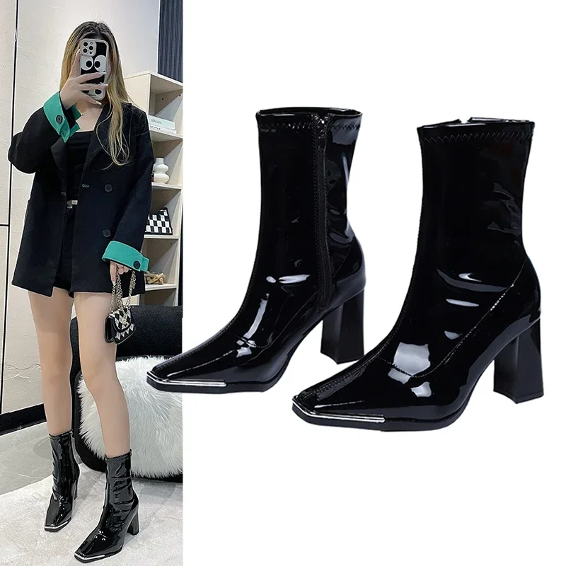 Brand Women Shoes 2023 New Black Patent Leather Fashion Square Toe Women\'s Boots Comfor Thick Heel Ladies High Heel Ankle Boots