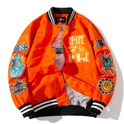 Men Abstract Embroidered Baseball Jacket New Coat Autumn Winter Hip Hop Mens Jacket Women Orange Loose Streetwear Windbreaker