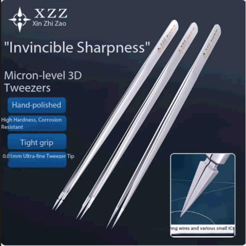 Xinzhizao Hand-polished 3D Tweezers Ultra-hard 0.01M Super Fine Stainless Steel for Mobile Phone Repair